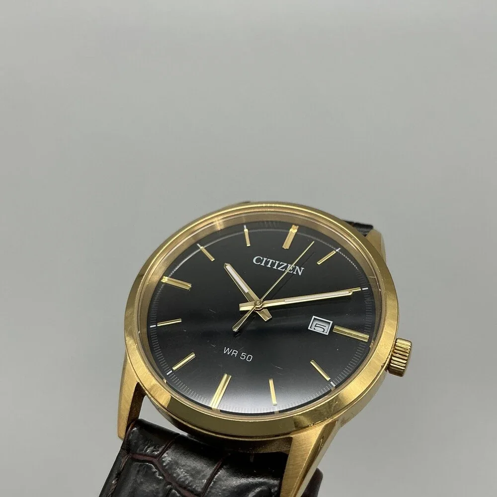 Citizen WR 50 Mens Watch 38mm Black Dial Date Gold Tone Brown Leather Band